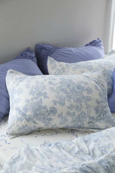 Shop Urban Outfitters Floral Rita Ruffle Sham Set In Blue Toile At