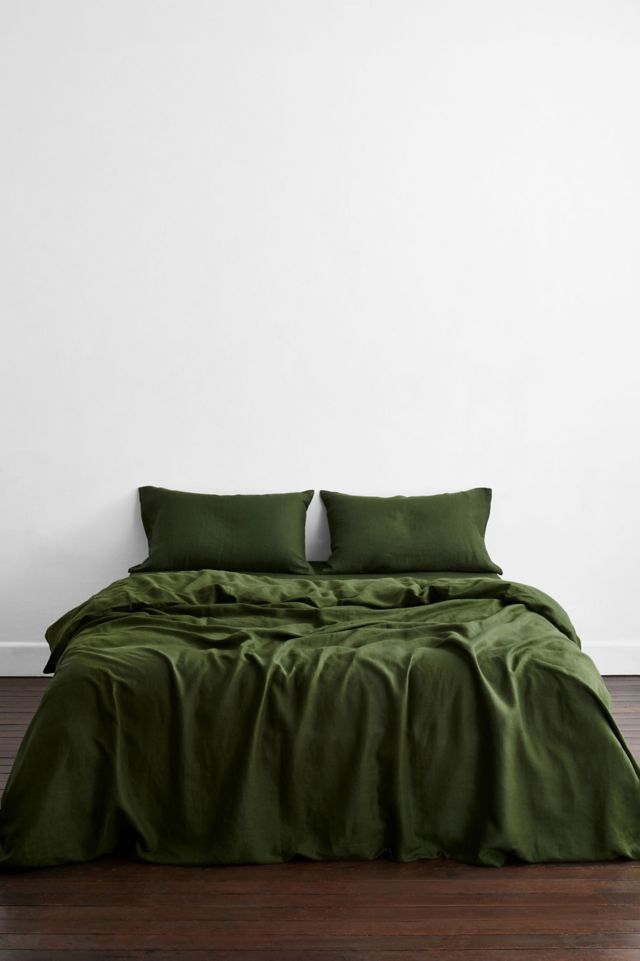 Olive Green French Flax Linen Standard Pillowcase Set