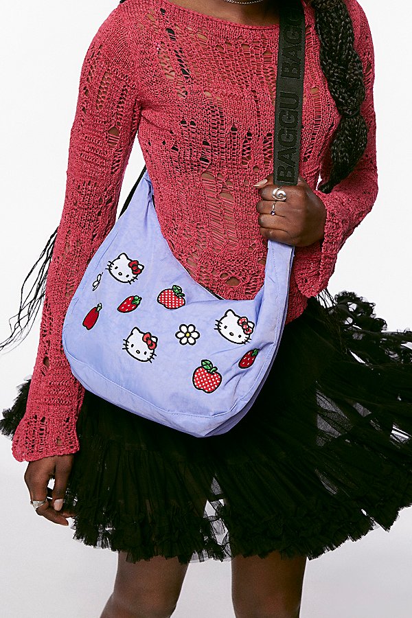 Baggu X Hello Kitty Medium Nylon Crescent Bag In Embroidered Hello Kitty