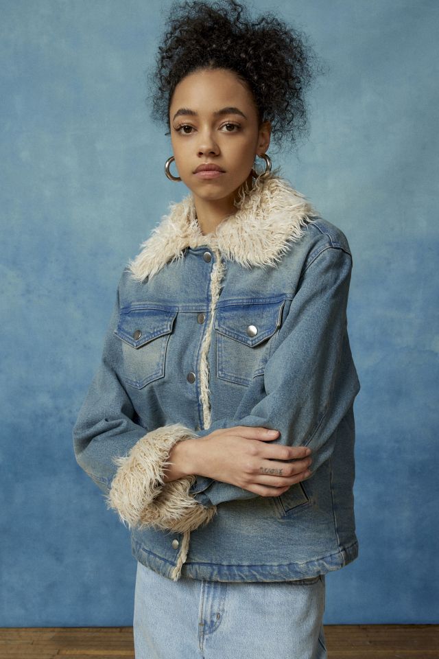 Dark Blue Faux Fur Lined Sherpa Denim Jacket