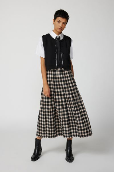 60s Skirts | 70s Hippie Skirts, Jumper Dresses Urban Renewal Vintage Plaid Pleated Midi Skirt in Black Womens at Urban Outfitters $59.00 AT vintagedancer.com
