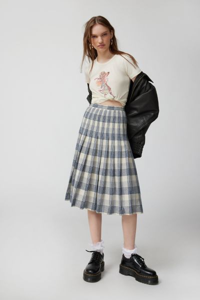 60s Skirts | 70s Hippie Skirts, Jumper Dresses Urban Renewal Vintage Plaid Pleated Midi Skirt in Cream Womens at Urban Outfitters $59.00 AT vintagedancer.com