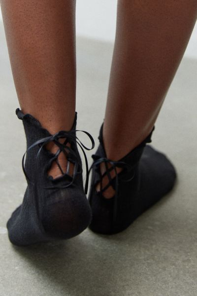 Urban Outfitters Lace-up Lettuce Edge Ankle Sock In Black