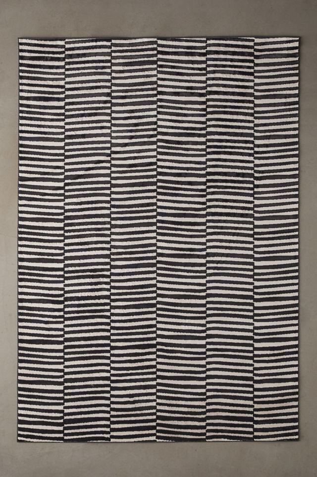 Black and White Striped Tufted Wool Area Rug, 9' x 12'