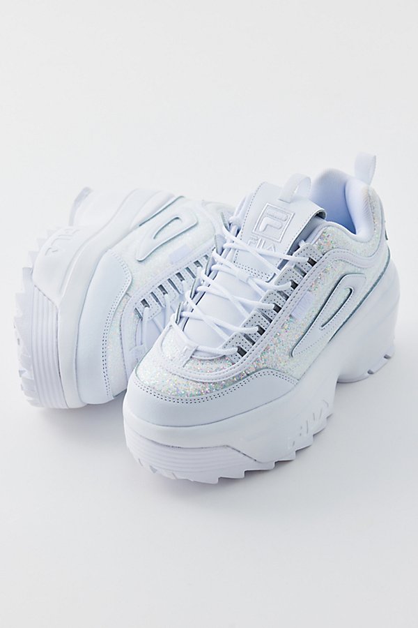 Fila Disruptor 2 Glitter Wedge Sneaker In White, Women's At Urban Outfitters In Blue