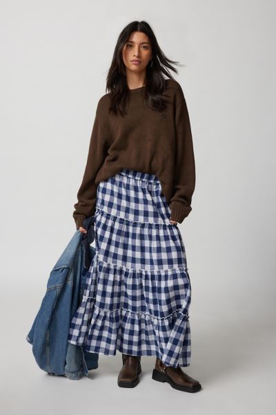 Shop Urban Renewal Remnants Gingham Tiered Maxi Skirt In Blue, Women's At Urban Outfitters