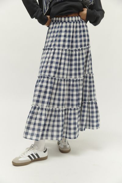 Urban Renewal Remnants Gingham Tiered Maxi Skirt In Navy
