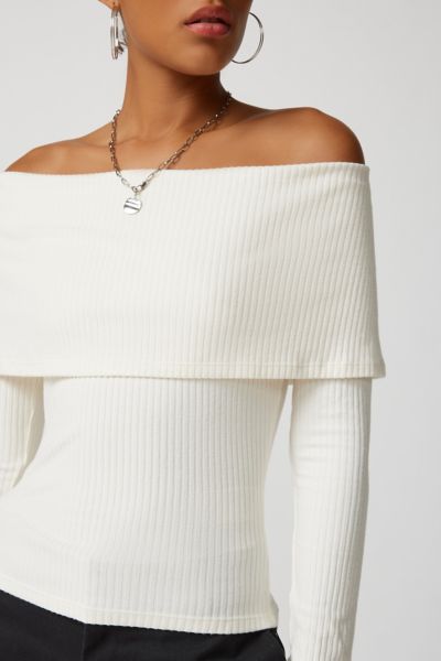 Urban Outfitters Uo Hailey Foldover Off-the-shoulder Long Sleeve Top In Ivory