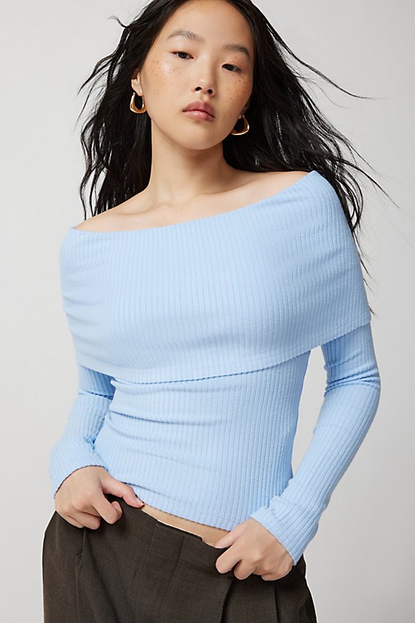 Urban Outfitters Uo Hailey Foldover Off-the-shoulder Long Sleeve Top In Blue
