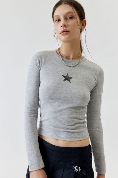 Urban Outfitters Star Long Sleeve Tee In Grey