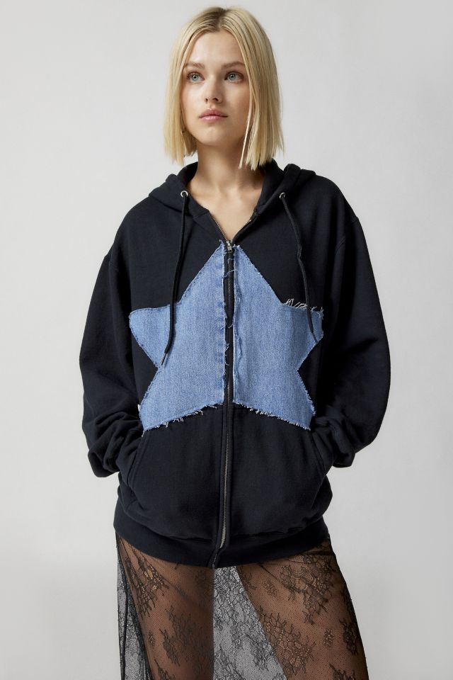 Urban Renewal Remade Denim Star Zip Hoodie Sweatshirt