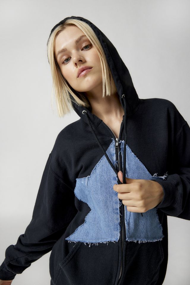Urban Renewal Remade Denim Star Zip Hoodie Sweatshirt #4