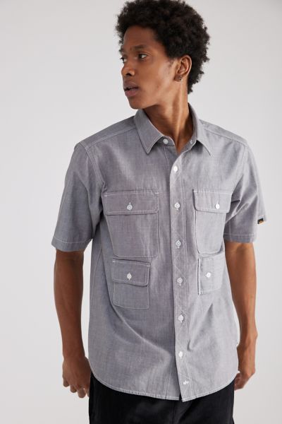 Shop Alpha Industries Multi-pocket Chambray Short Sleeve Shirt Top In Aircraft Gray, Men's At Urban Outfitters