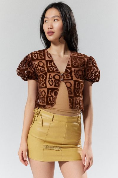 House Of Sunny Casa Amor Mesh Flocked Blouse In Chocolate