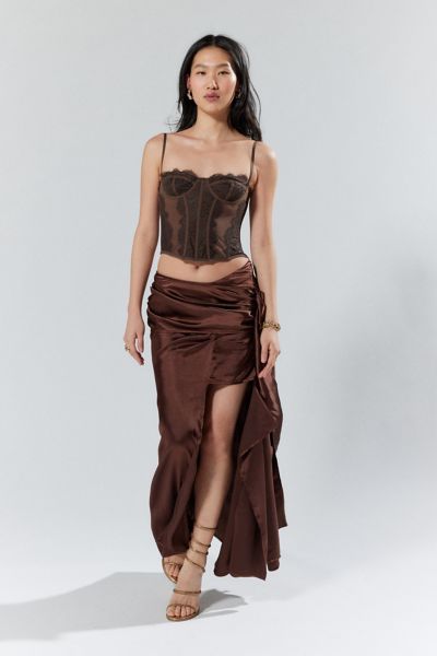 Shop House Of Sunny Cascade Asymmetrical Midi Skirt In Chocolate, Women's At Urban Outfitters