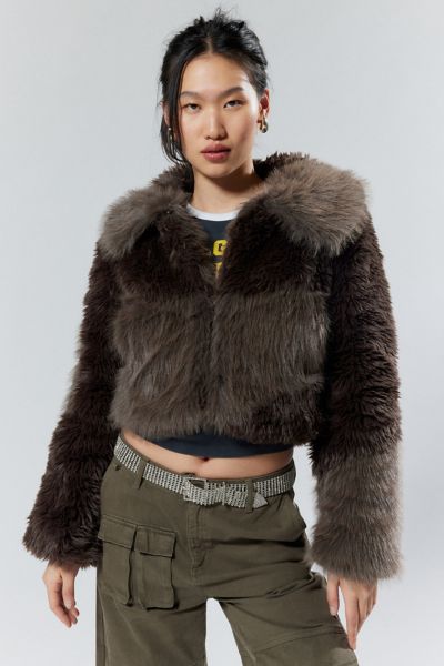 Shop House Of Sunny Gaia Faux Fur Colorblock Jacket In Chocolate, Women's At Urban Outfitters
