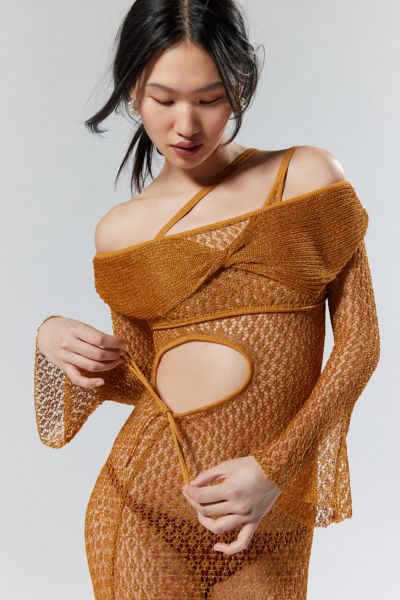 Shop House Of Sunny The Solar Sheer Knit Shrug Sweater In Bronze, Women's At Urban Outfitters