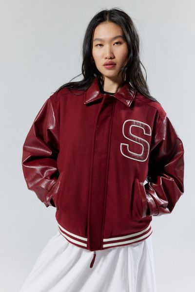 Shop House Of Sunny Free Falling Faux Leather Varsity Jacket In Red, Women's At Urban Outfitters