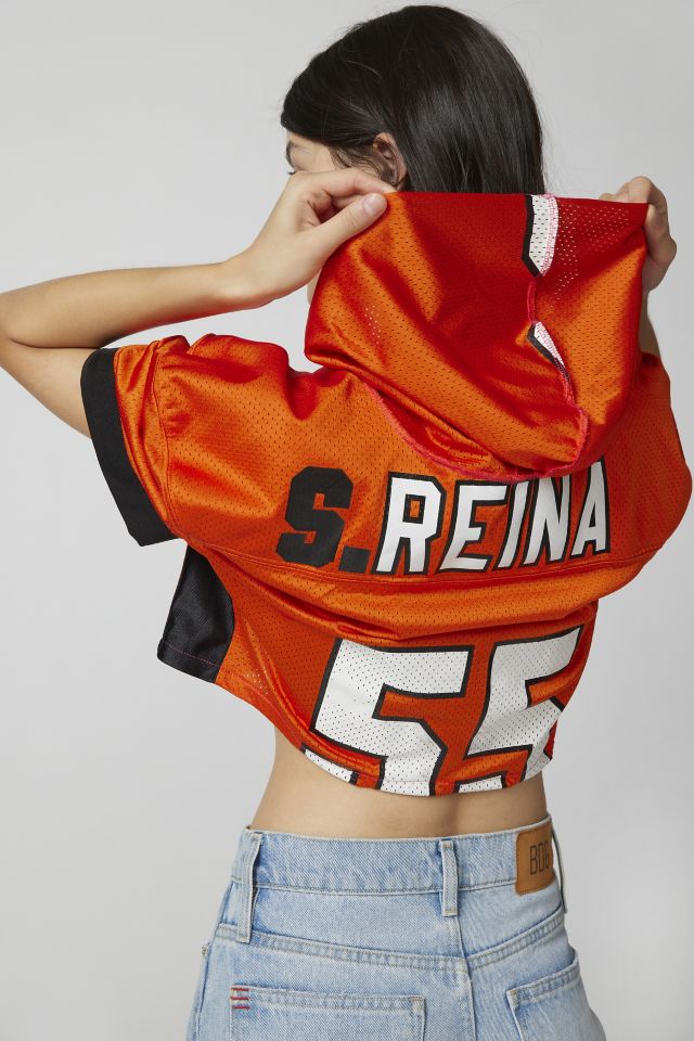 Urban Renewal Remade Cropped Hooded Football Jersey in Red, Women's at Urban Outfitters