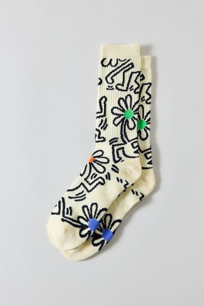 Keith Haring Dancing Flower Crew Sock In Cream, Men's At Urban Outfitters