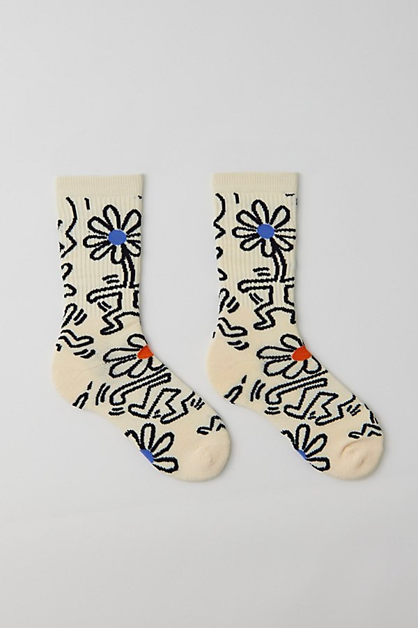 Keith Haring Dancing Flower Crew Sock In Cream, Men's At Urban Outfitters