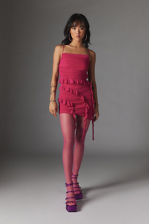Kiss The Sky Ruched Ruffle Mini Dress In Pink, Women's At Urban Outfitters
