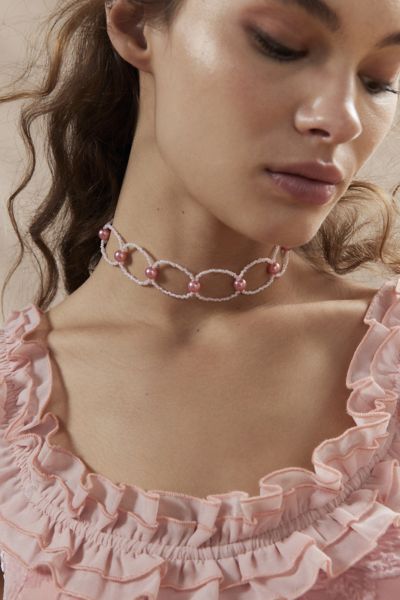 Urban Outfitters Beaded Ribbon Choker Necklace In Pink
