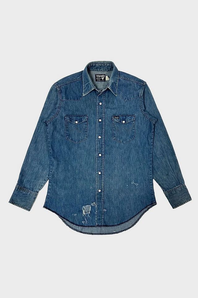 Vintage 1990’s Wrangler Repaired USA Denim Western Pearl Snap Shirt ...