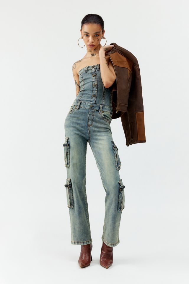 True Religion Denim Strapless Cargo Jumpsuit