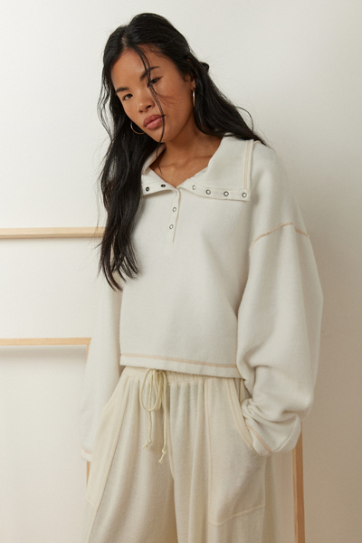 OUT FROM UNDER RAIN SNAP FRONT CROPPED HENLEY TOP IN IVORY, WOMEN'S AT URBAN OUTFITTERS