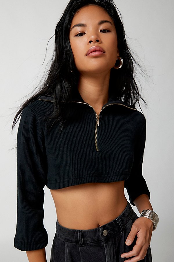 Urban Renewal Remade Zip Front Turtleneck Sweatshirt In Black, Women's At Urban Outfitters