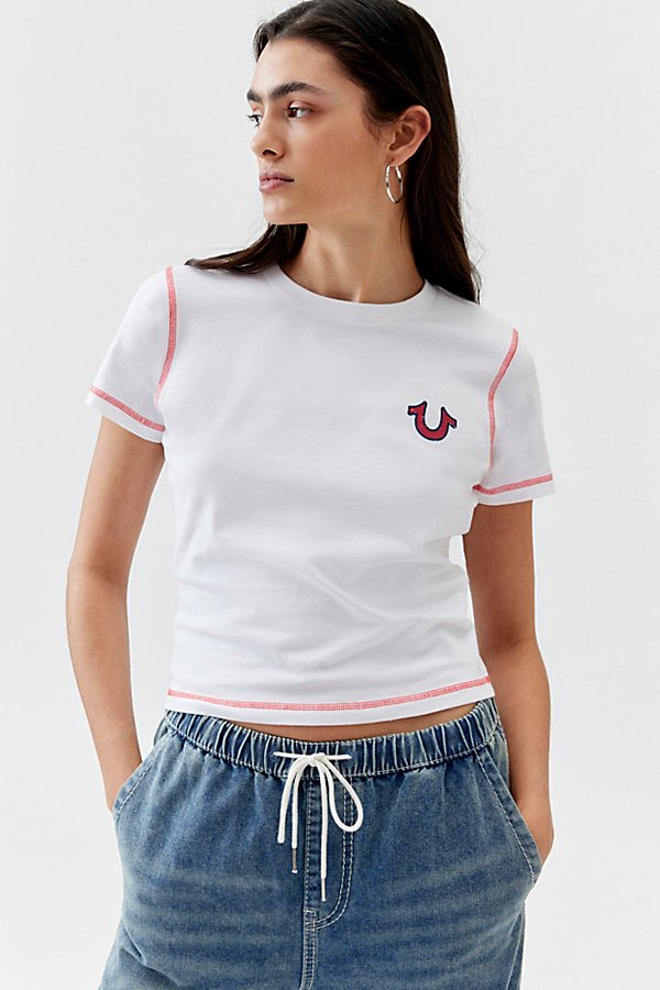 True Religion Contrast Stitch Baby Tee In White, Women's At Urban Outfitters