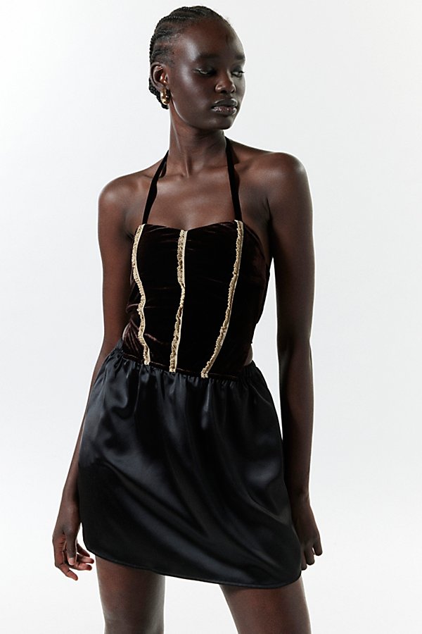Zemeta Moonlight Satin & Velvet Halter Mini Dress In Black, Women's At Urban Outfitters