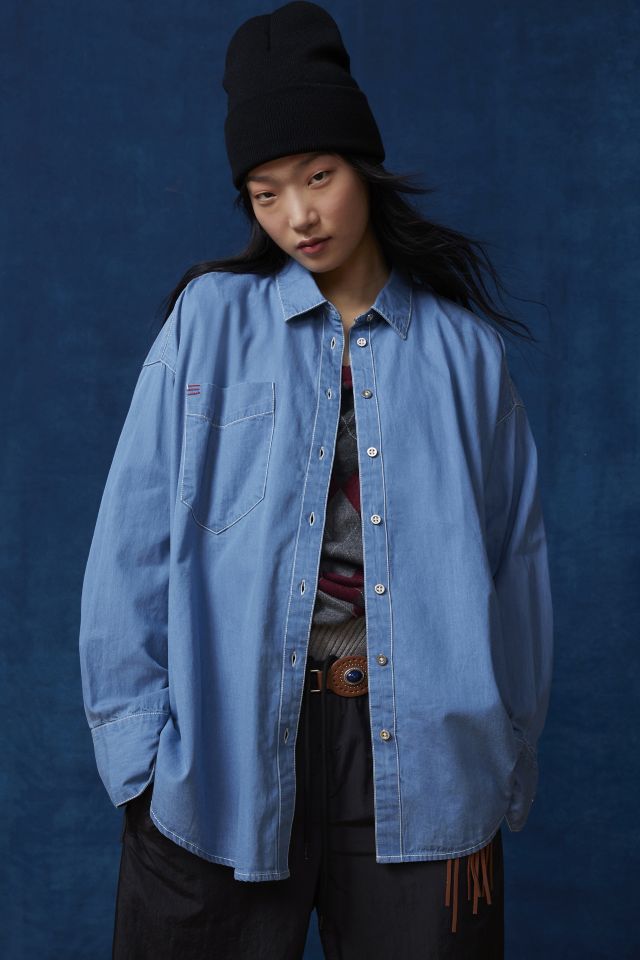 Blue denim button down hot sale shirt