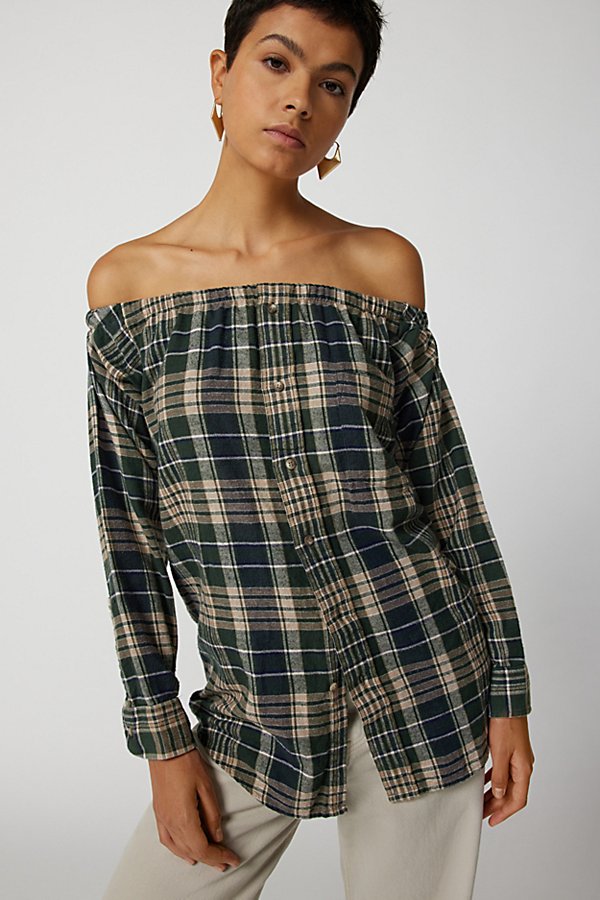 Urban Renewal Remade Off-the-shoulder Flannel Tunic In Blue, Women's At Urban Outfitters