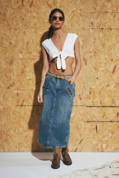 Shop Guess Originals Denim Cargo Midi Skirt In Tinted Denim, Women's At Urban Outfitters