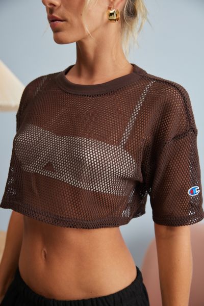 Champion Uo Exclusive Mesh Cropped Tee Top In Brown At Urban Outfitters