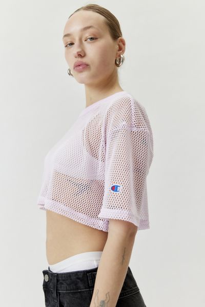 Shop Champion Uo Exclusive Mesh Cropped Tee Top In Pink At Urban Outfitters