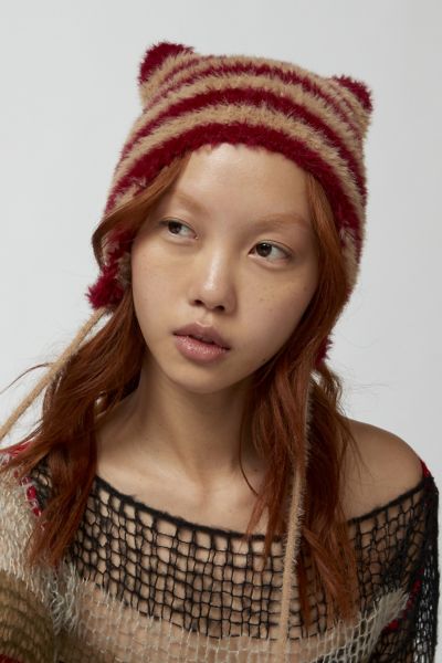 URBAN OUTFITTERS STRIPED ANIMAL EARFLAP BEANIE IN RED/PINK, WOMEN'S AT URBAN OUTFITTERS 