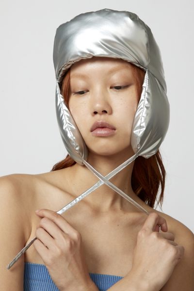 URBAN OUTFITTERS PUFFER TRAPPER HAT IN SILVER, WOMEN'S AT URBAN OUTFITTERS 