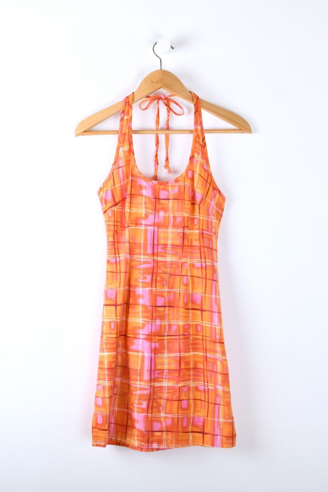 Vintage Y2k Orange Pink Plaid Halter Mini Dress Urban Outfitters