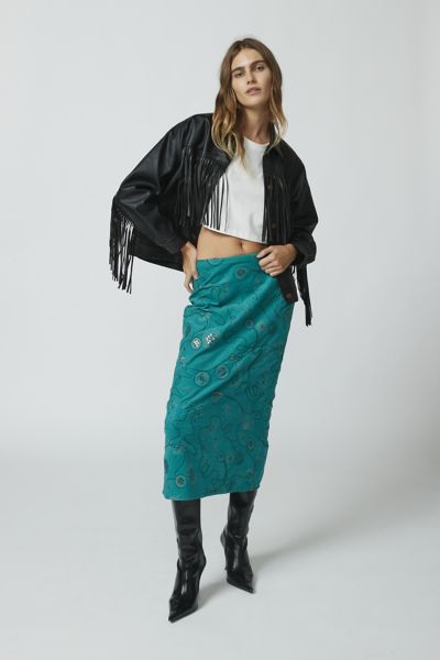 Embroidered Leather Skirt Green / S