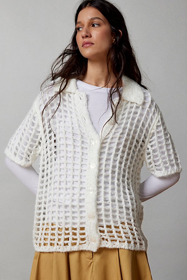 Bdg Osaka Open-knit Polo Sweater In White, Women's At Urban Outfitters