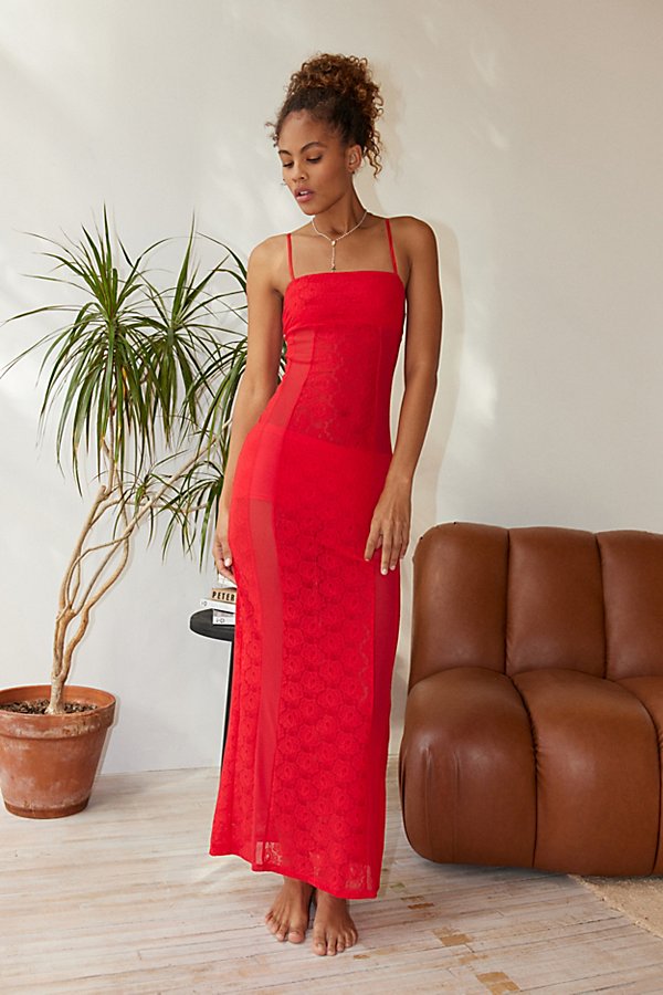 Out From Under Genevieve Sheer Lace Maxi Dress In Red, Women's At Urban Outfitters