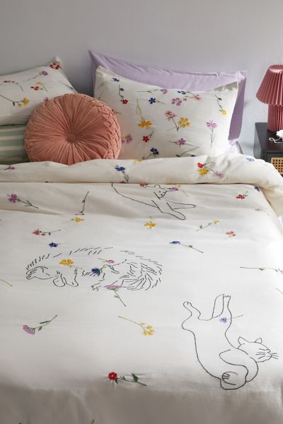Urban Outfitters Sleepy Cats Embroidered Duvet Cover In White At  In Multi