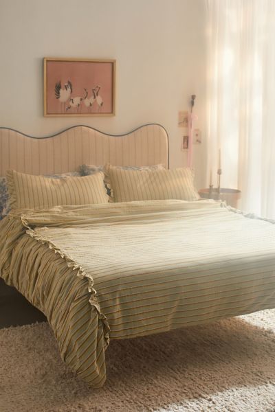Shop Urban Outfitters Striped Ruffle Duvet Cover In Pistachio At