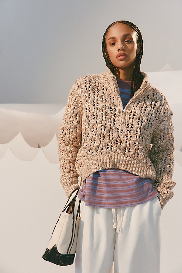 Bdg Killian Quarter-zip Pointelle Sweater In Neutral, Women's At Urban Outfitters