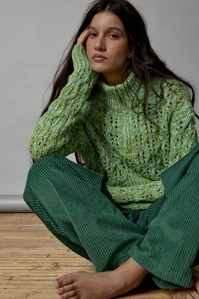 Bdg Killian Quarter-zip Pointelle Sweater In Green, Women's At Urban Outfitters