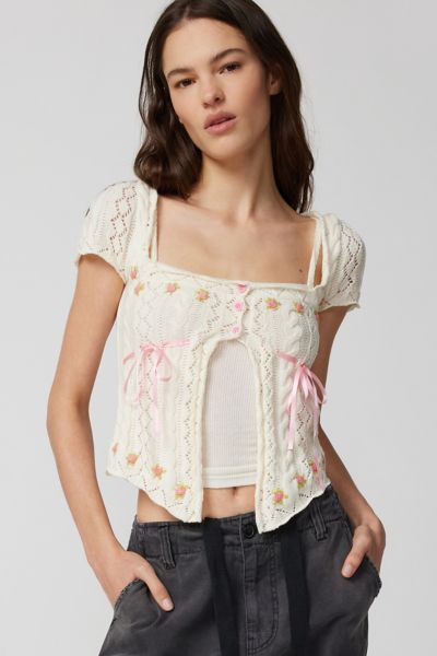ERMANNO FIRENZE floral lace-appliqué short-sleeve cardigan - Yellow