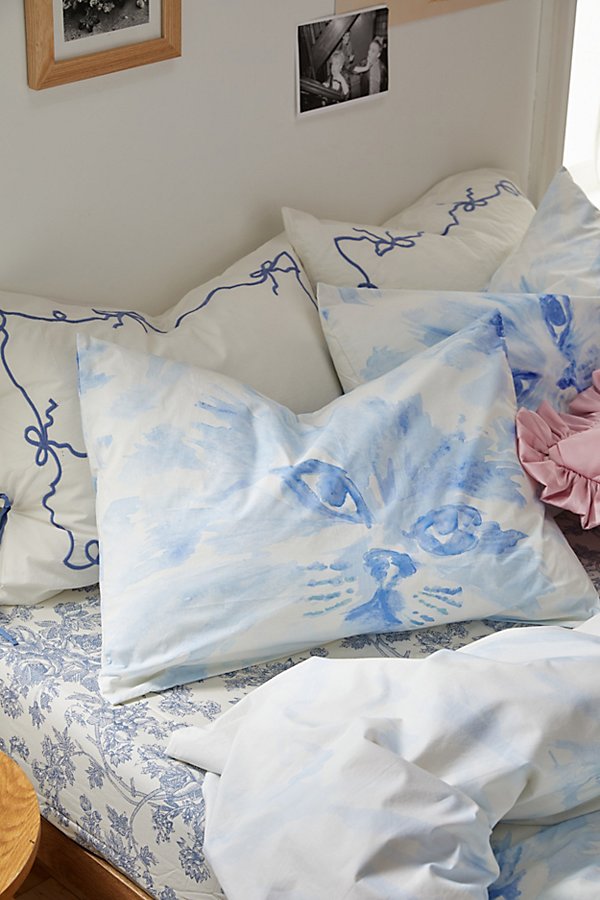 Shop Urban Outfitters Cat Face Breezy Cotton Percale Sham Set In Blue At